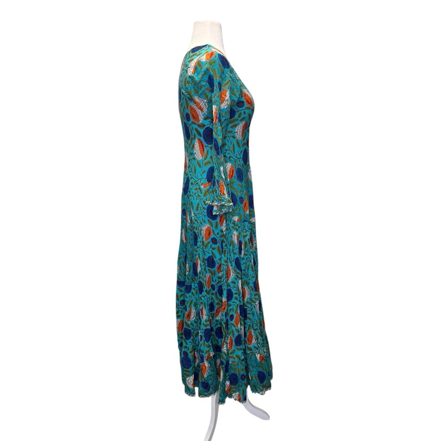 Passementrie Santa Fe Boho Maxi Dress Block Print Cotton Flare Sleeve Turquoise — image 6 of 8